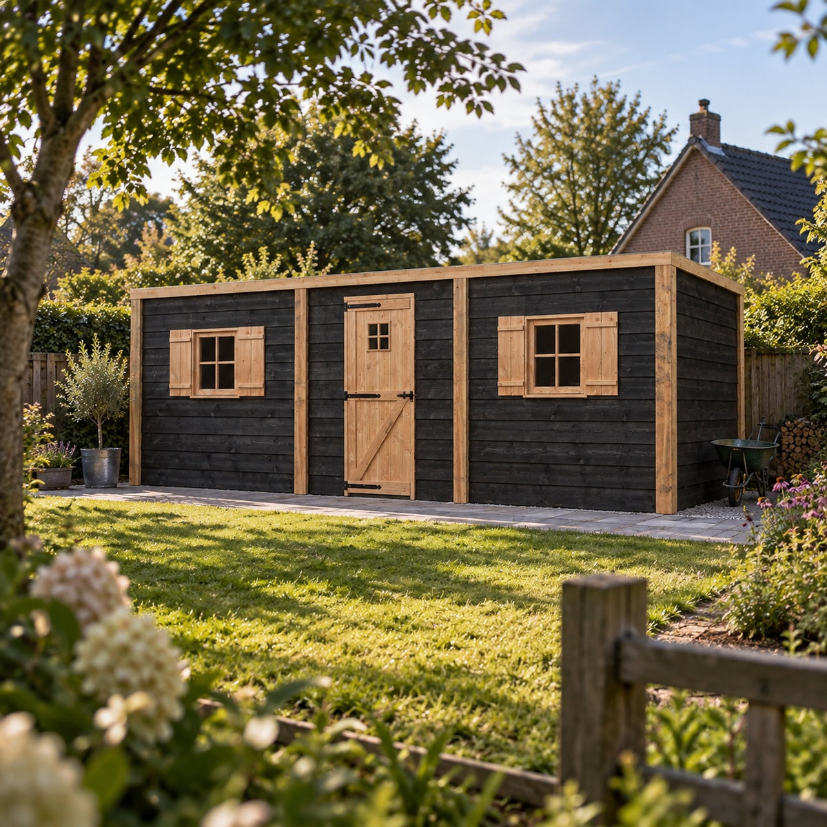 Voldux kippenhok met overdekte ren in een tuin